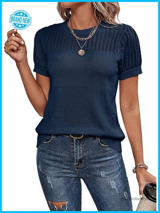 Tops - Crew Neck Hollow Out Knit Loose Sweater Blouse Tunic Top